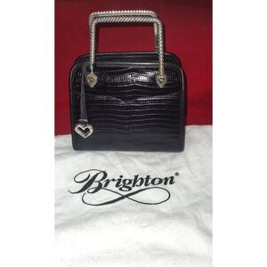 Vintage 1980s Brighton Black Croc Embossed Leather Double Metal Handle Box Purse